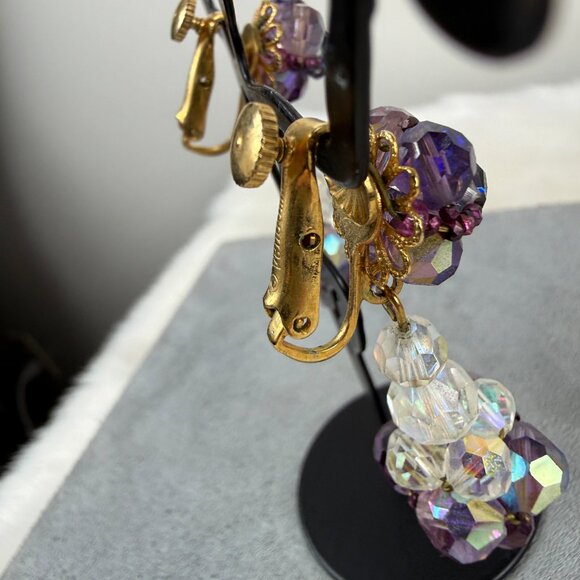Vintage Vendome Purple & Clear Glass Bead Dangle & Drop Screw/Clip Earrings Gold - Picture 8 of 16